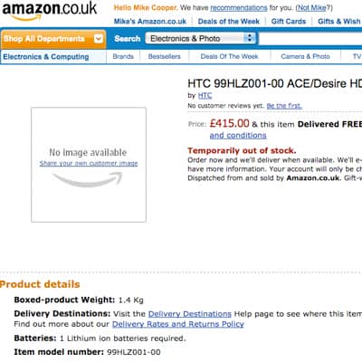 HTC Desire HD Spotted on AMAZON UK…and then Removed? | UK Gadget and ...